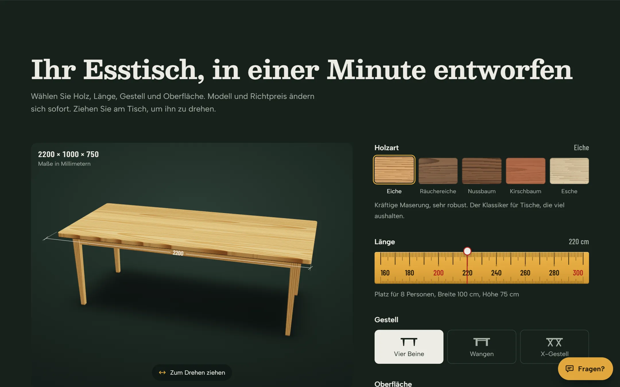 Demo-Webseite der Schreinerei Maserwerk mit 3D-Tisch-Konfigurator am Computer
